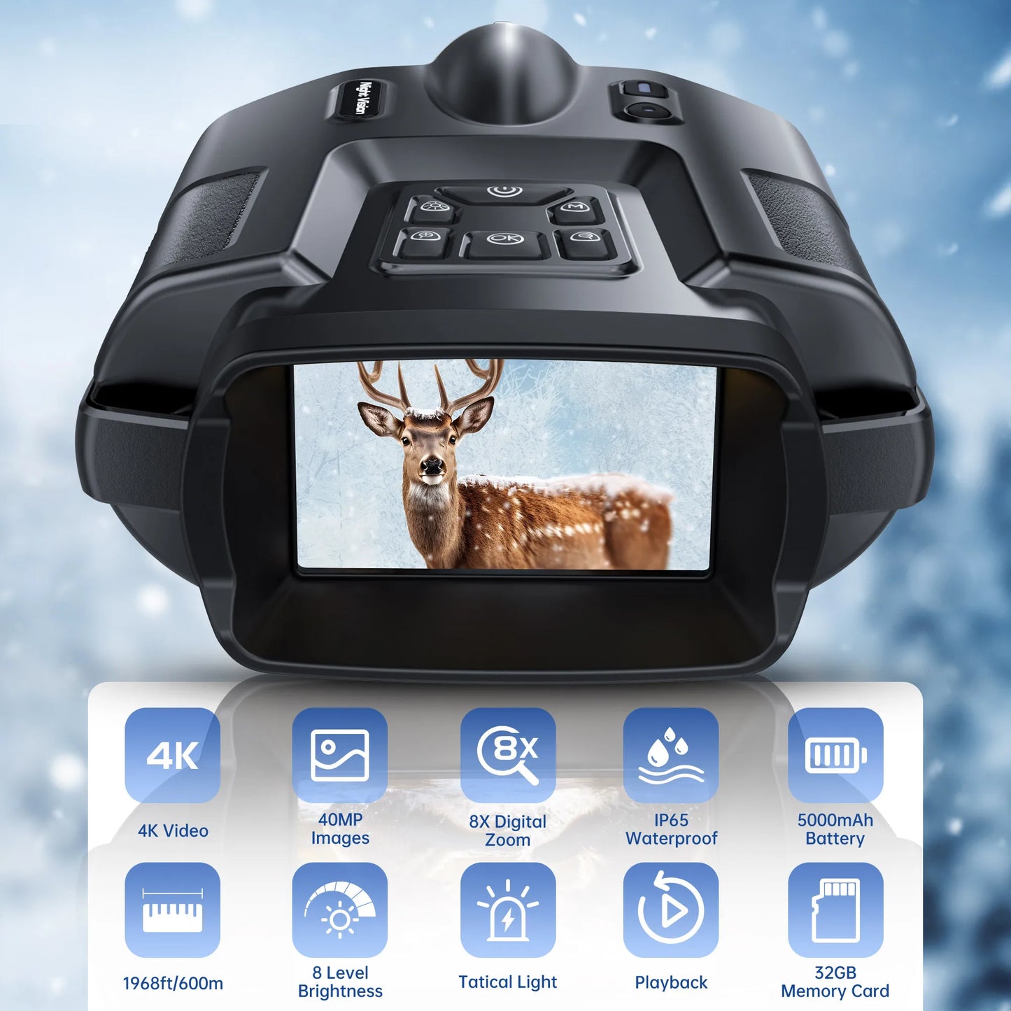 4K Night Vision Binoculars 3inch Screen 8X Digital Zoom With Tactical Light 5000mAh Rechargeable