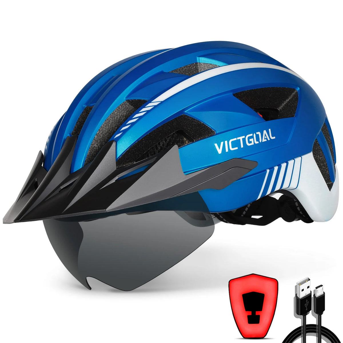 VICTGOAL Adults Mountain Bike Helmets with Goggles Visor Men Women USB Rear Light Bicycle Safety Caps Road Bike Electric Scooter Cycling Helmets