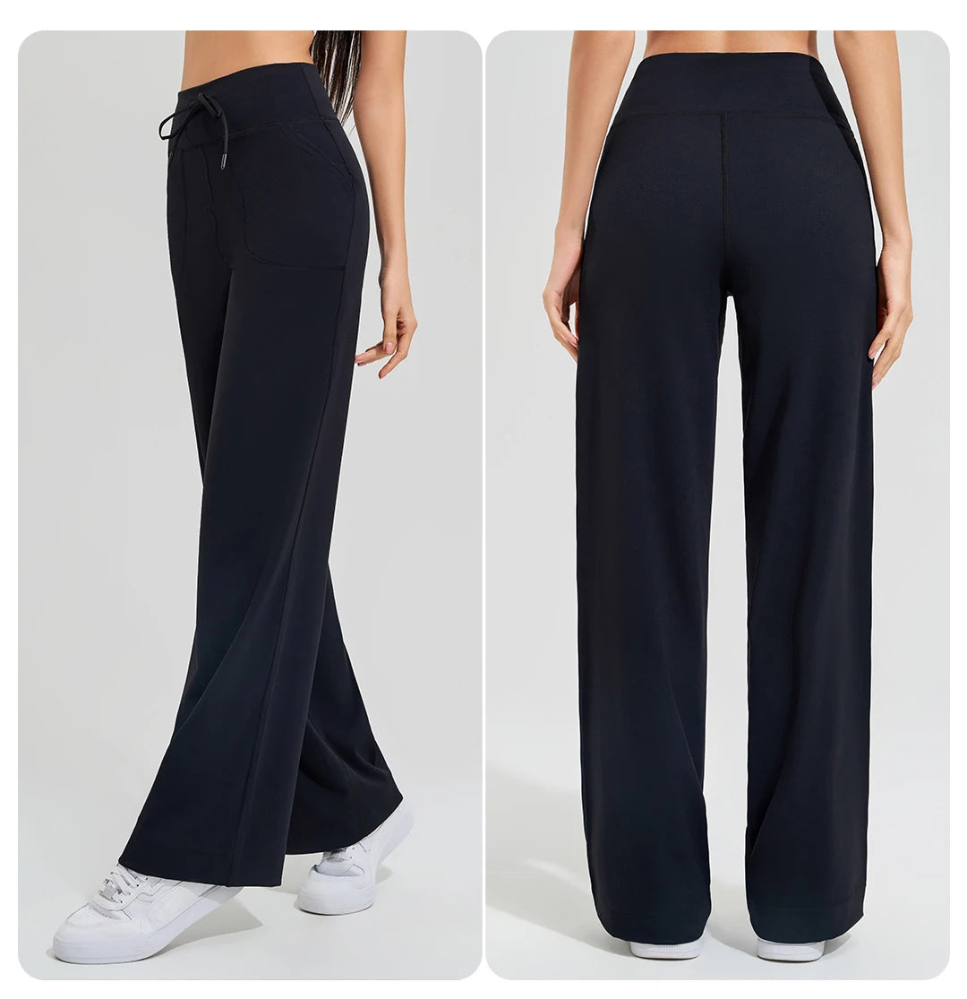 Women's High Waist Yoga Pants Gym Loose Running Pants Double Side Brushed with Pockets Pants Ties