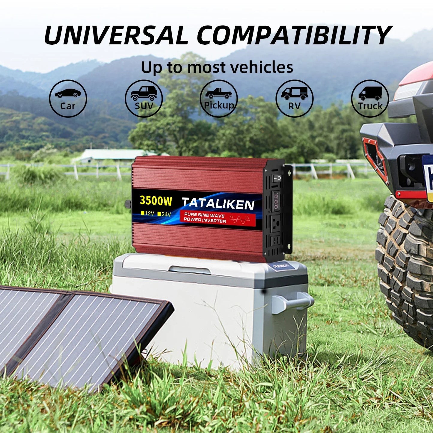 5000W Pure Sine Wave Inverter 12V 24V DC to AC 110V US Outlet Digital Screen Temp-Controlled Fan for Car Vehicle RV Solar