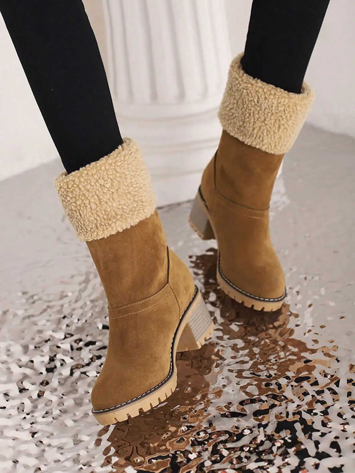 Winter Faux Fur Snow Boots For Women Platform Block Chunky Heels Pull On Comfortable Outdoor Suede Warm Boots