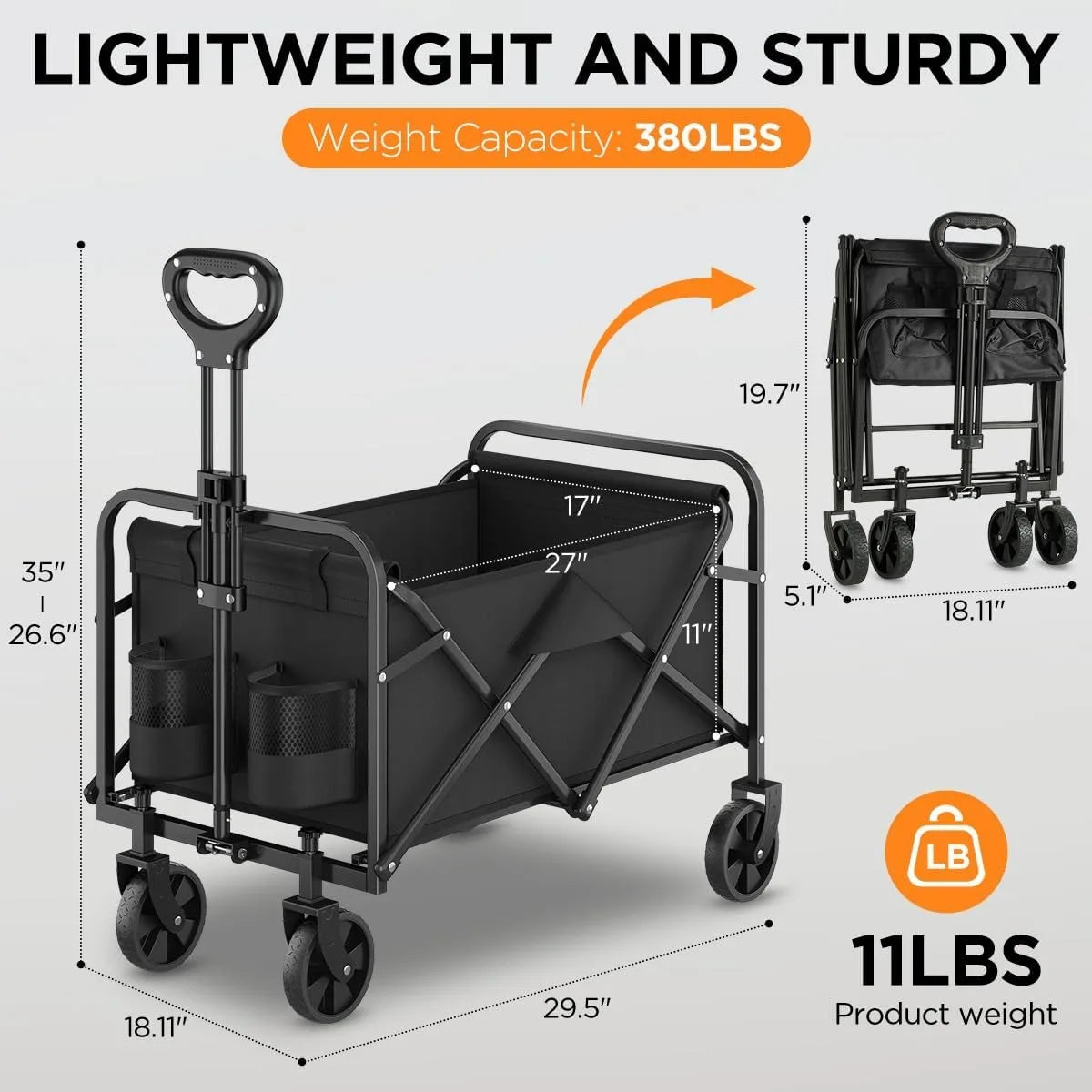 380LBS Capacity Folding Garden Wagon, Heavy Duty Utility Cart with Adjustable Handle, Portable All-Terrain Outdoor Camping Grocery Canvas Cart