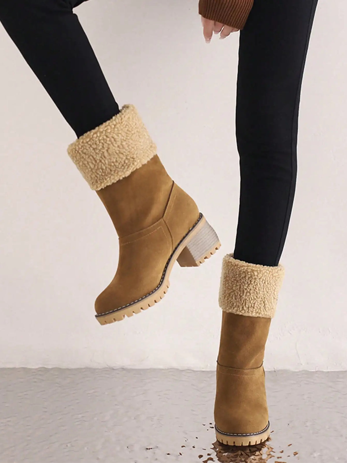 Winter Faux Fur Snow Boots For Women Platform Block Chunky Heels Pull On Comfortable Outdoor Suede Warm Boots