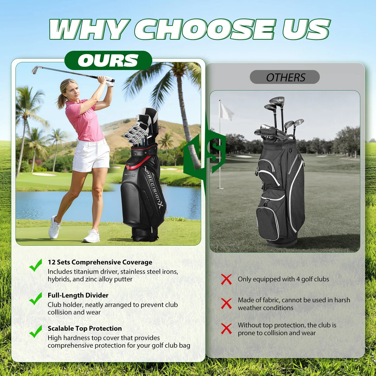 1 Set Men's Golf Club Set (3 Woods, 1 Hybrid Club, 6 Irons , 1 Pitching Wedge, 1 Putter), Including Golf Bag And 5 Club Covers, Specially Designed for Right-handed Golfers | Suitable for Beginners And Intermediate Players, Go