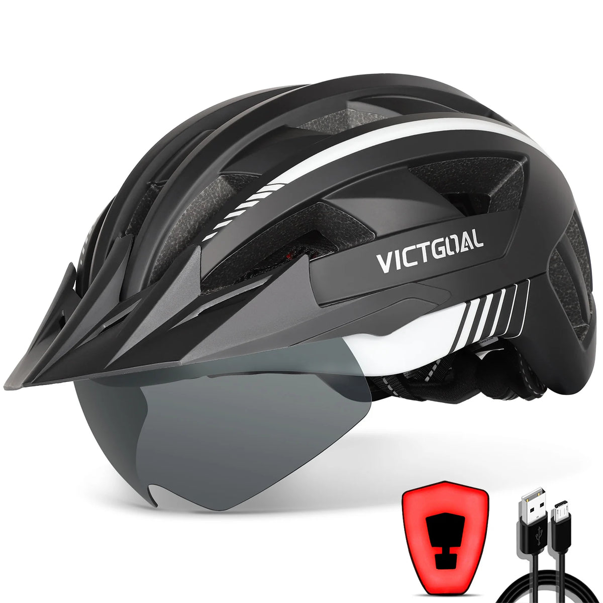 VICTGOAL Adults Mountain Bike Helmets with Goggles Visor Men Women USB Rear Light Bicycle Safety Caps Road Bike Electric Scooter Cycling Helmets