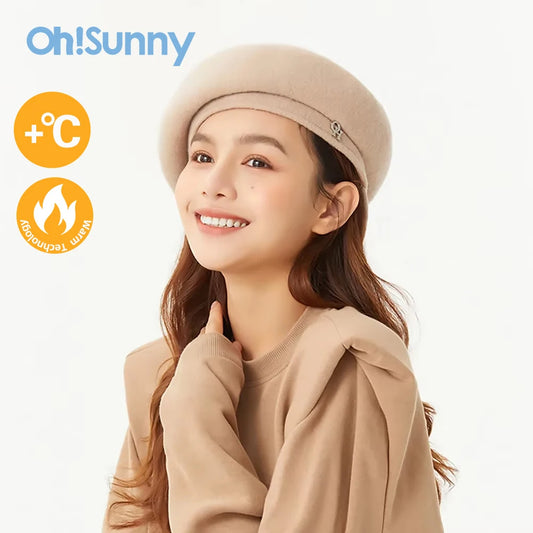 OhSunny Beret 100% Wool Female Winter Hat Retro Tour Caps Warm Solid Color for Elegant Lady New Fashion Gifts