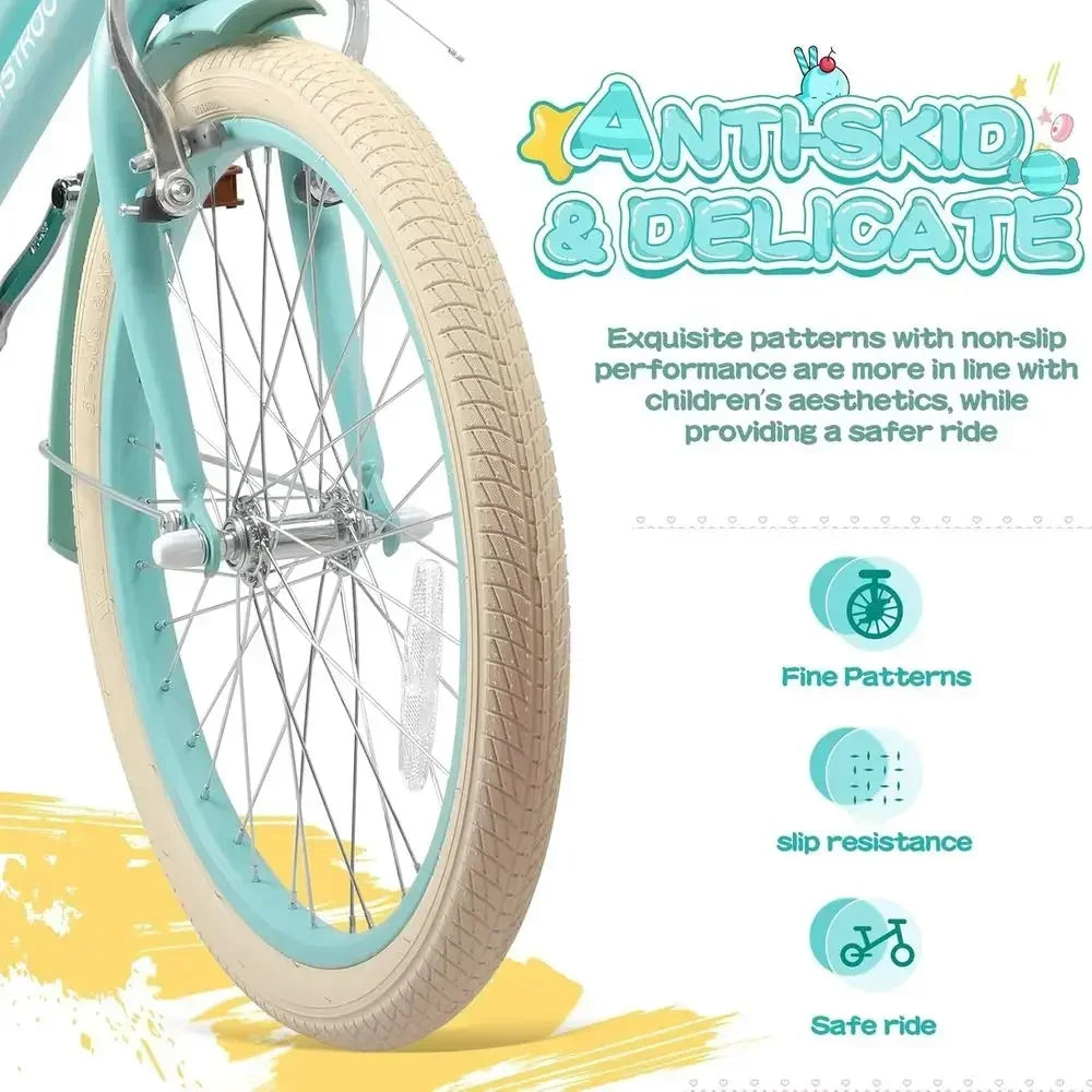 20 Inch Girls' Bike with Basket, Kickstand, Suspension, and Dual-Disc Brakes for Ages 5-12