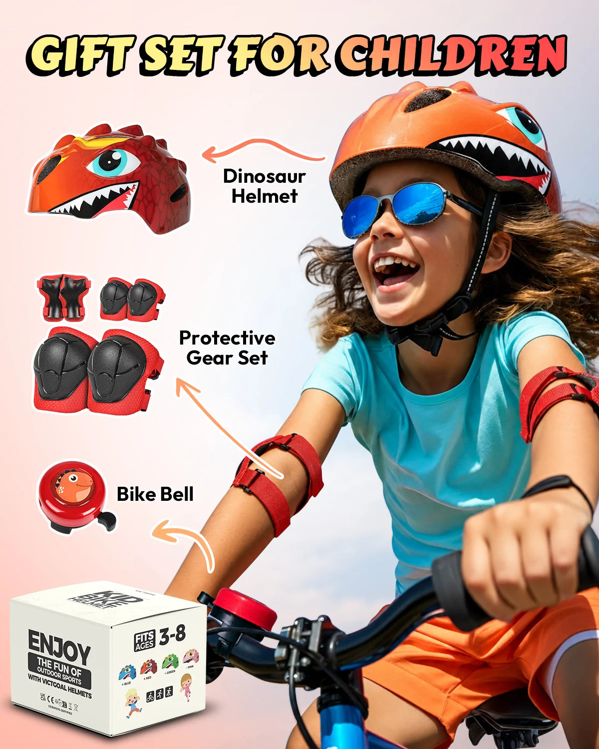 VICTGOAL Kids Bike Helmet Children Bicycle Bell Knee Elbow Pads Wirst Guards Sports Protective Gear for Cycling Balance Bike Skateboard