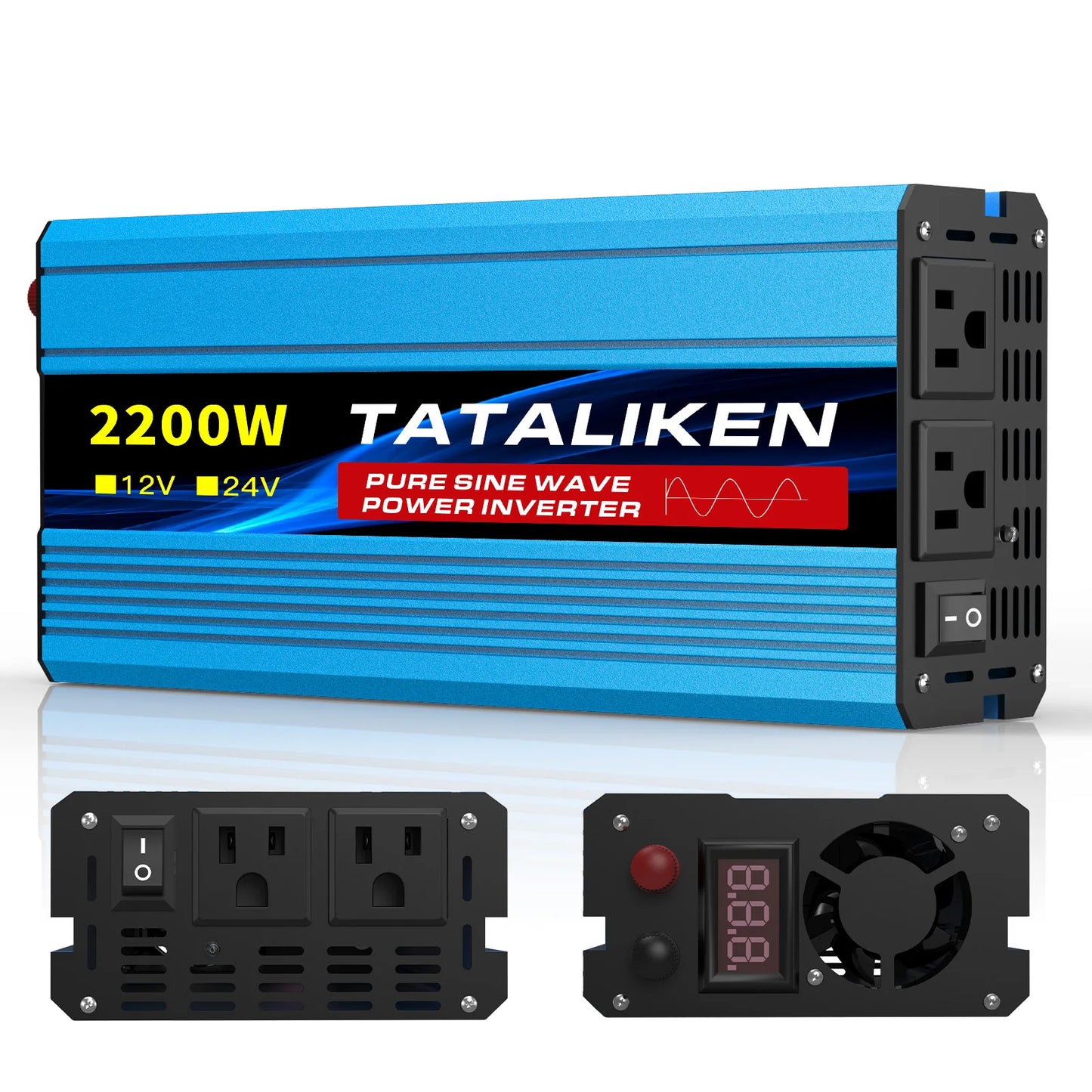 5000W Pure Sine Wave Inverter 12V 24V DC to AC 110V US Outlet Digital Screen Temp-Controlled Fan for Car Vehicle RV Solar