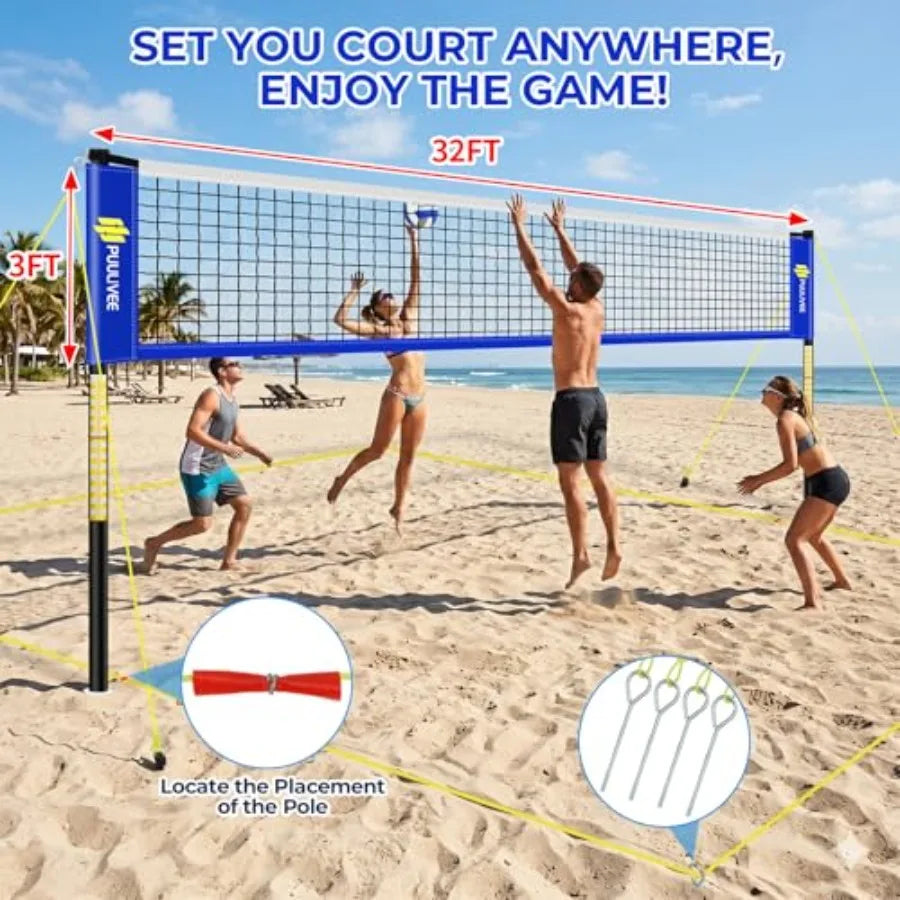 Outdoor volleyball net set for backyard, beach, grass: polyester net, black-gray, all-weather durability easy 4-pole height adj