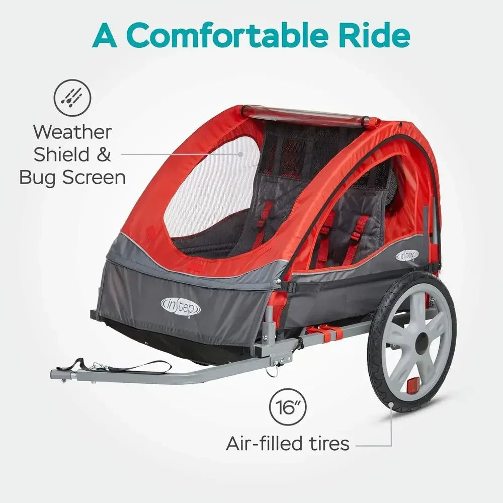 Red Double-Seat Bike Child Trailer: 80 lbs Max Weight, 5-Point Harness, Quick-Release Wheels, Bug & Weather Shield