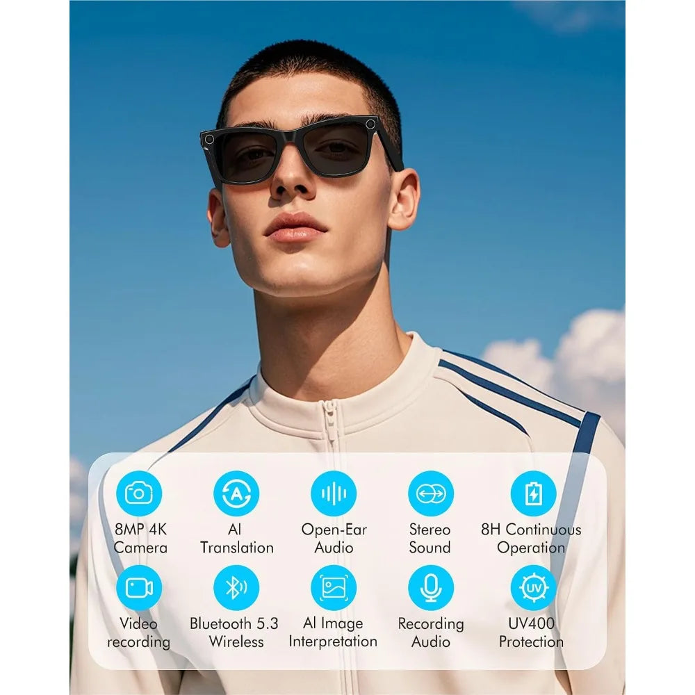 Smart Sunglasses with 4K HD Camera, AI Assistant, and Bluetooth for All