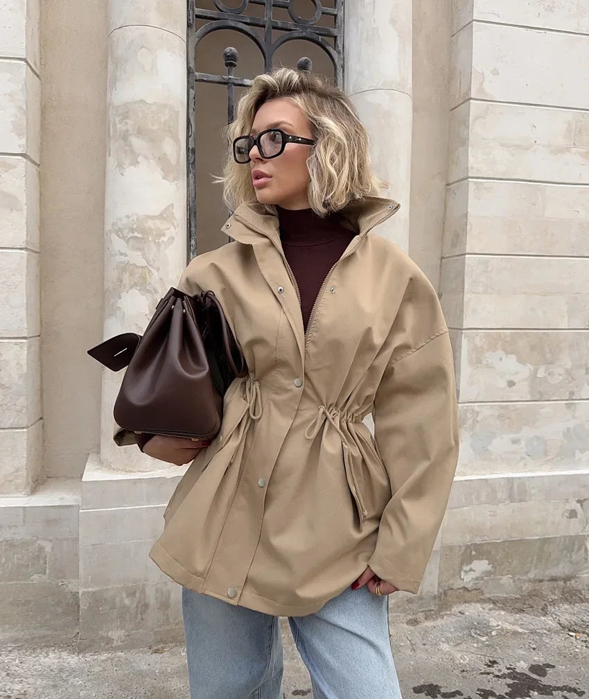 Autumn Barn style retro tooling trench coat women's medium and long drawstring waist lace slack simple casual coat