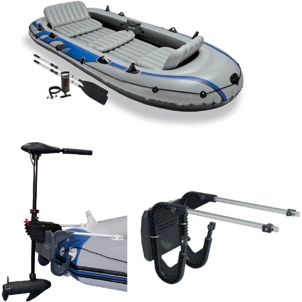 Excursion 5 Person Inflatable Boat Set with 2 Aluminum Oars and Pump, 12V Transom Mount Boat Trolling, and Motor Mount Kit
