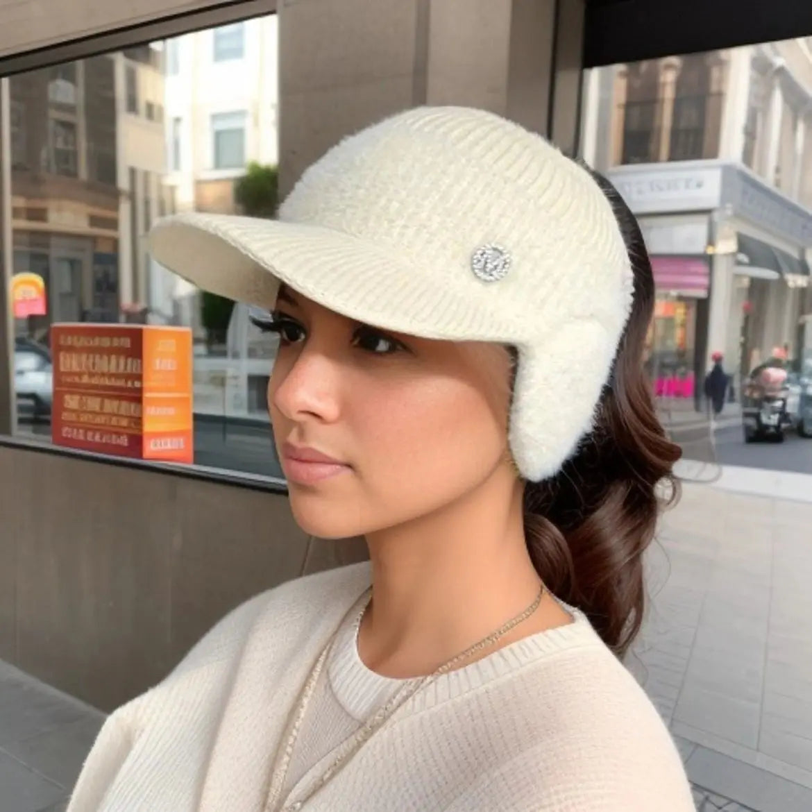 winter women's hat empty top wool ear protection cap leaky ponytail thick warm knit hat