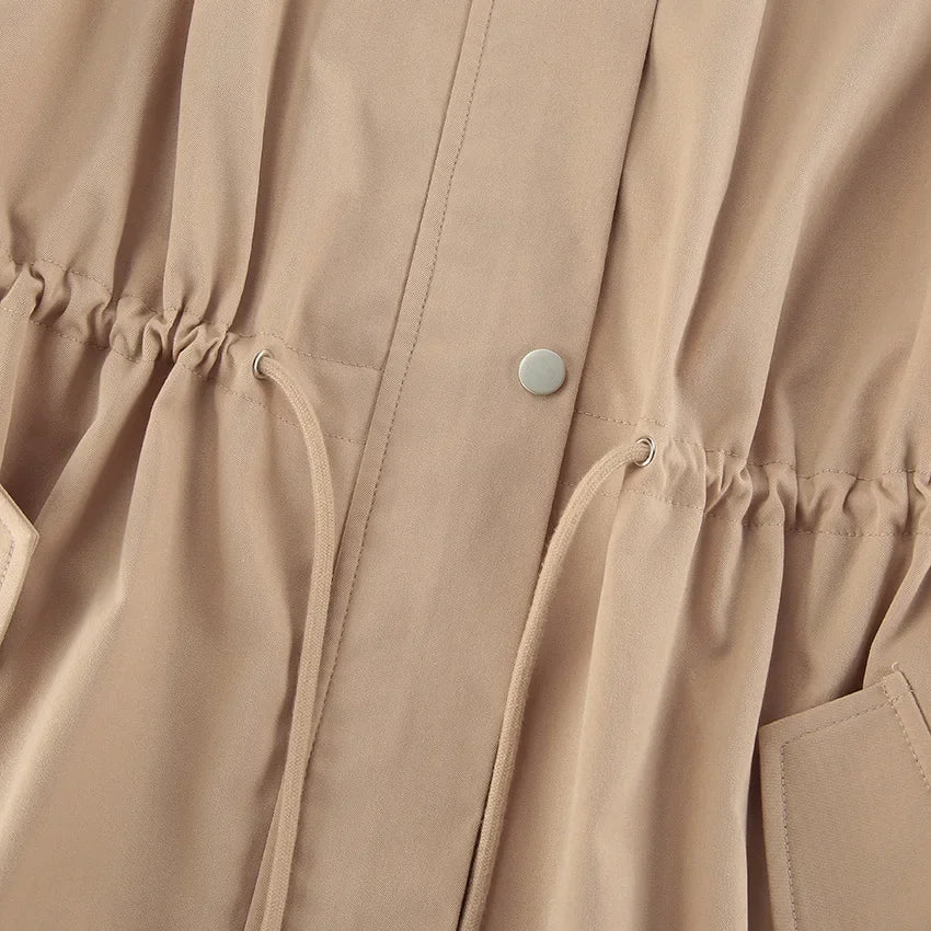 Autumn Barn style retro tooling trench coat women's medium and long drawstring waist lace slack simple casual coat