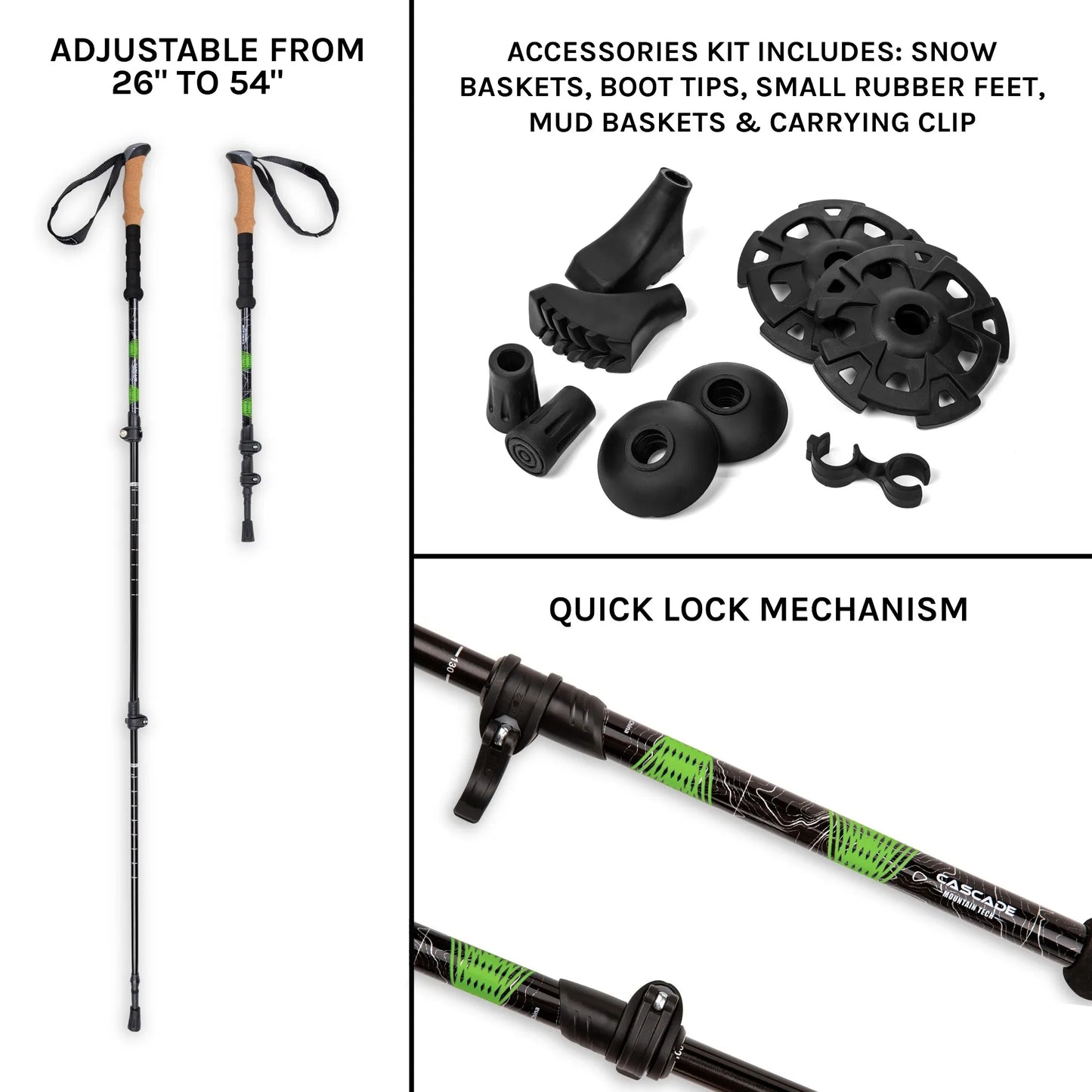 Aircraft-Grade Aluminum Quick Lock Trekking Poles with Cork Grip - Green