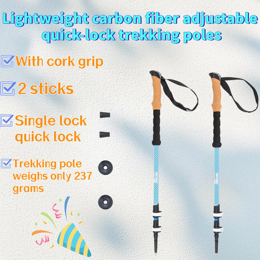Lightweight Carbon Fiber Trekking Poles Quick Lock Adjustable - 2 Pack with Cork Grip for Hiking & Trail Walking
