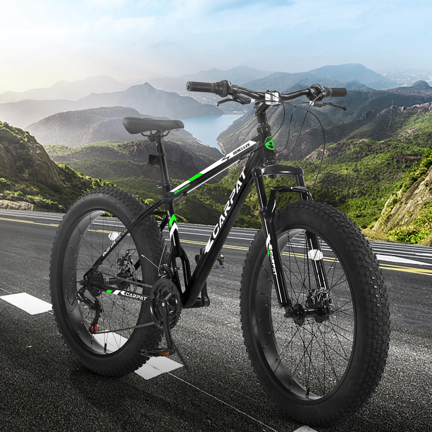 26 Inch Adult Fat Tire Mountain Bike, 21 Speed Gears, High Carbon Steel Frame, Front Suspension, Front Rear Dual Disc Brakes, All Terrain Bicycle for Mountain & City Commute
