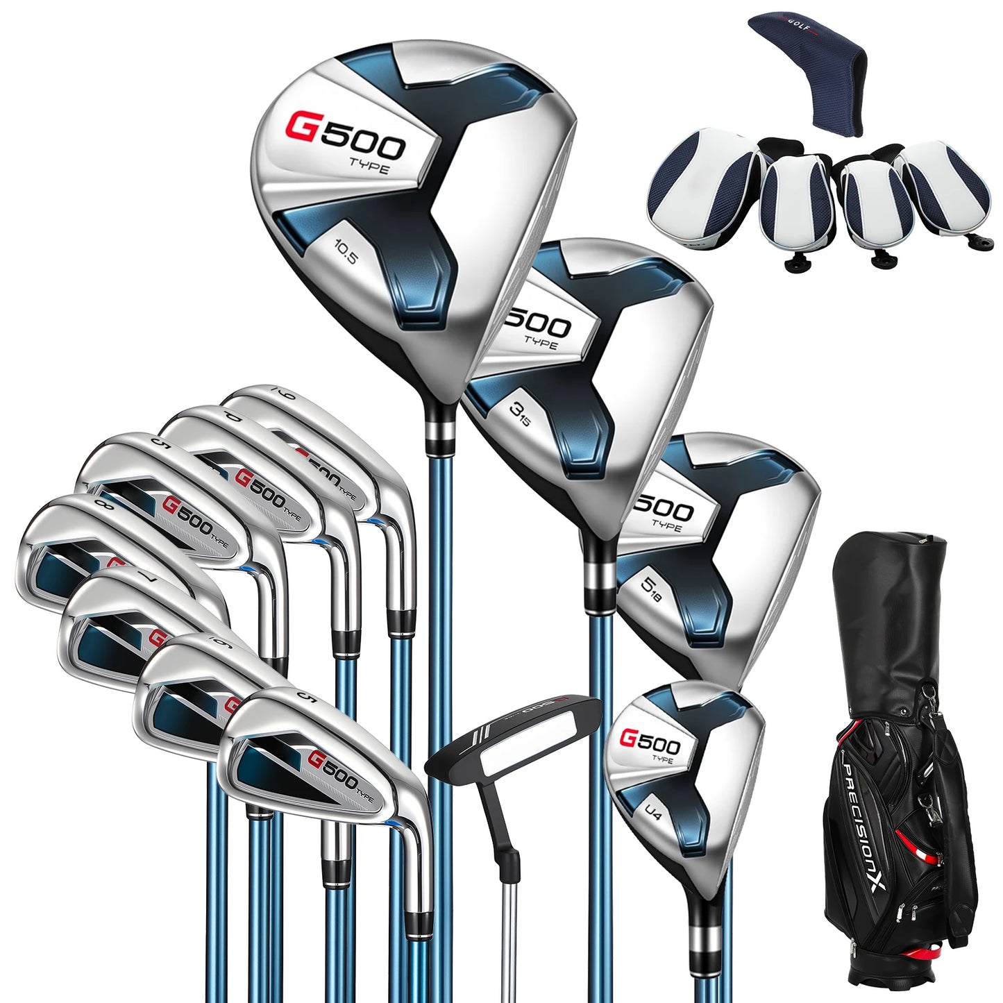 1 Set Men's Golf Club Set (3 Woods, 1 Hybrid Club, 6 Irons , 1 Pitching Wedge, 1 Putter), Including Golf Bag And 5 Club Covers, Specially Designed for Right-handed Golfers | Suitable for Beginners And Intermediate Players, Go