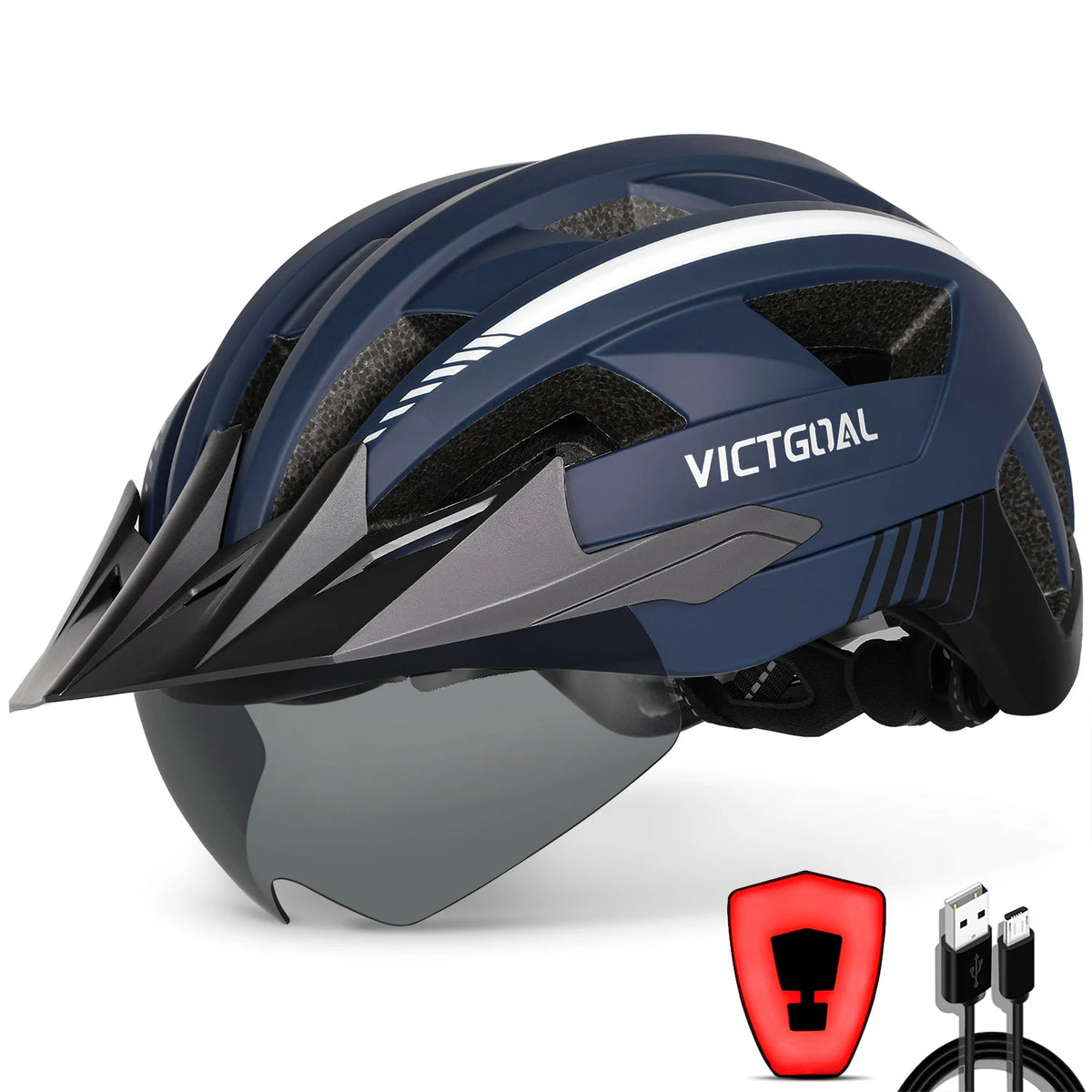 VICTGOAL Adults Mountain Bike Helmets with Goggles Visor Men Women USB Rear Light Bicycle Safety Caps Road Bike Electric Scooter Cycling Helmets