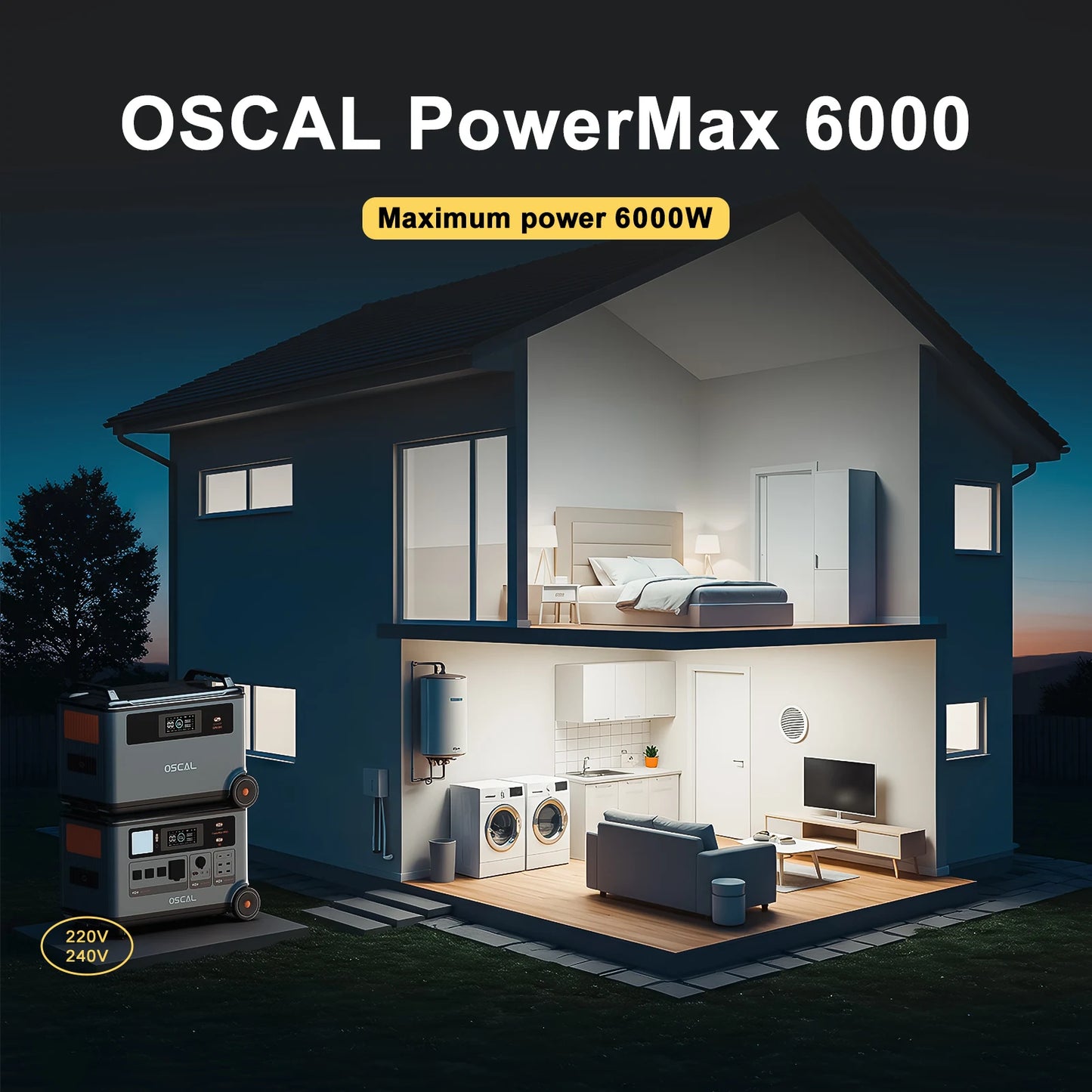 OSCAL PowerMax6000 Portable Power Station With 500W Solar Panel,6000W Continuous 9000W Peak,LiFePO4 Battery,2200W AC 2400W Solar Fast Charging,APP Monitor,Emergency Power Backup for Home,Camper,Outdoor Blackout