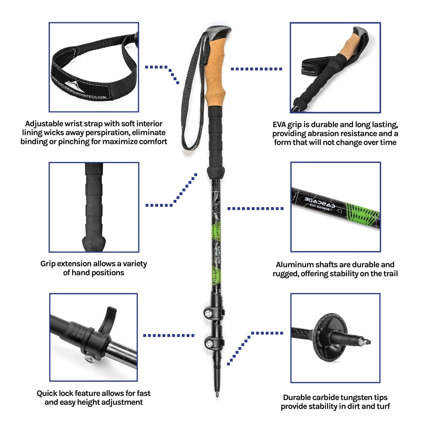 Aircraft-Grade Aluminum Quick Lock Trekking Poles with Cork Grip - Green