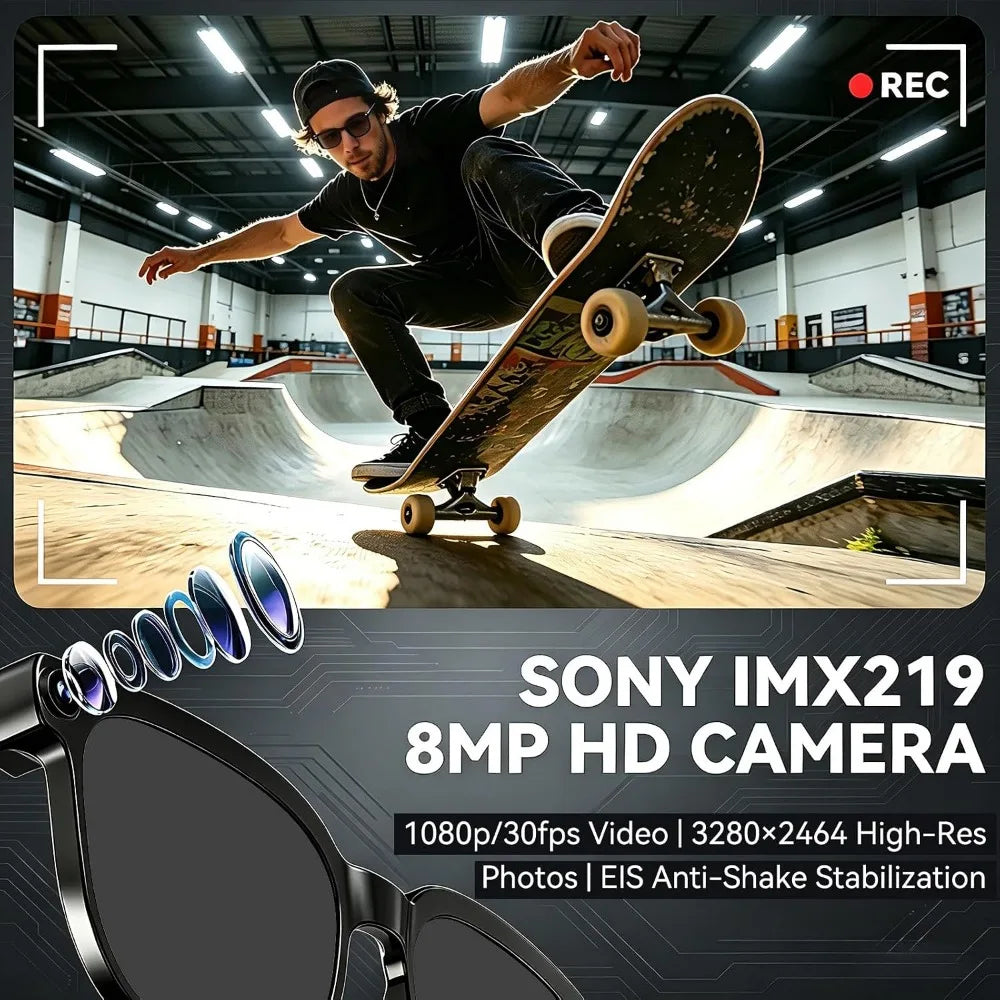 8MP Camera Glasses, 1080P Video, Real-Time Translation, Voice Assistant, Object Recognition, Bluetooth, Unisex