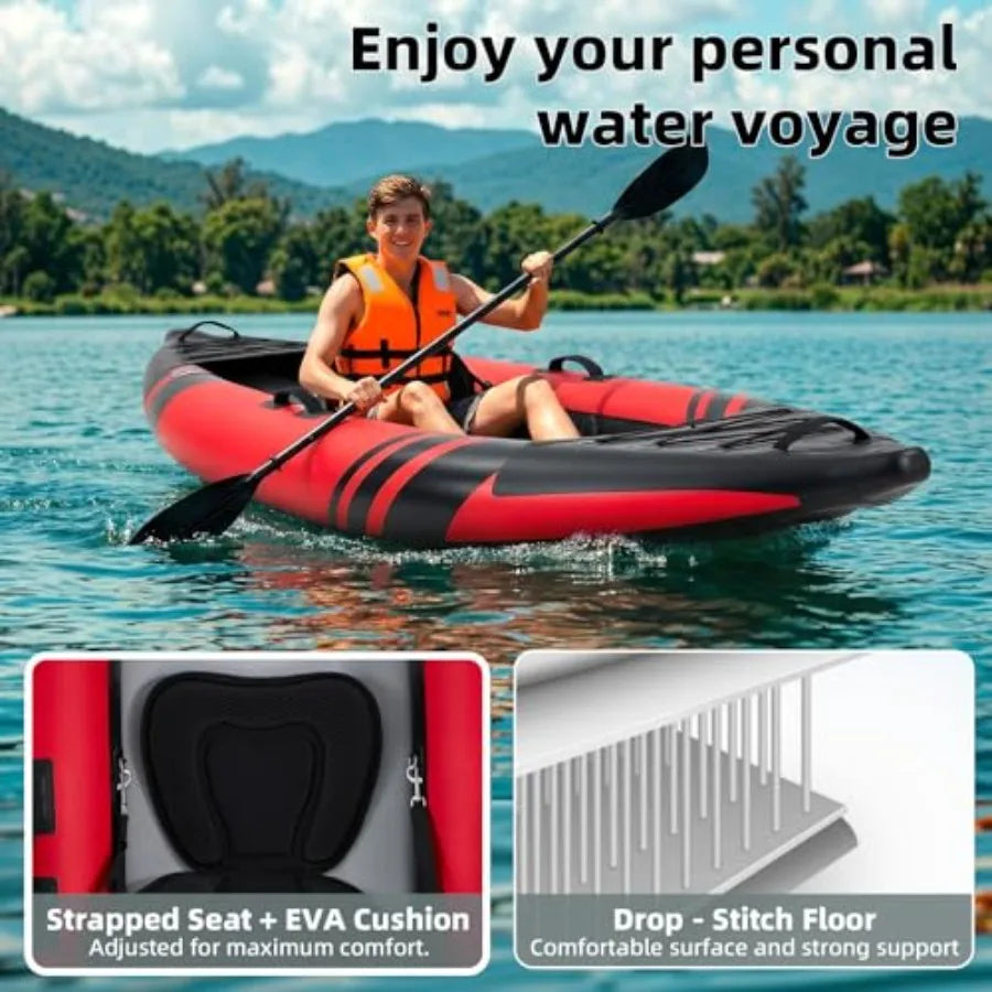 1-Person Inflatable Kayak for Fishing, Touring, Recreational Paddling Red Drop-Stitch Floor, Lightweight, Portable, Durable Sol