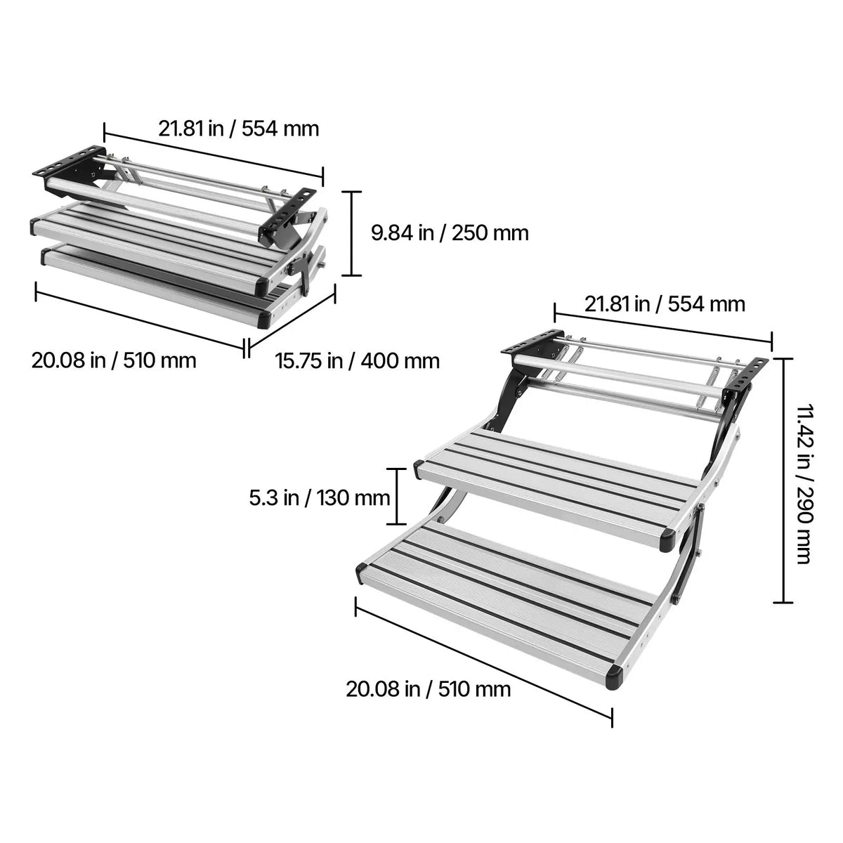 RV Steps, 2-Step, 440 lbs Load Capacity, Manual Retractable RV Stairs, Telescopic Folding Aluminum Alloy Camper Steps, Steel Frame Non-Slip Entry Stairs for Camper Van Motorhome Travel Trailer