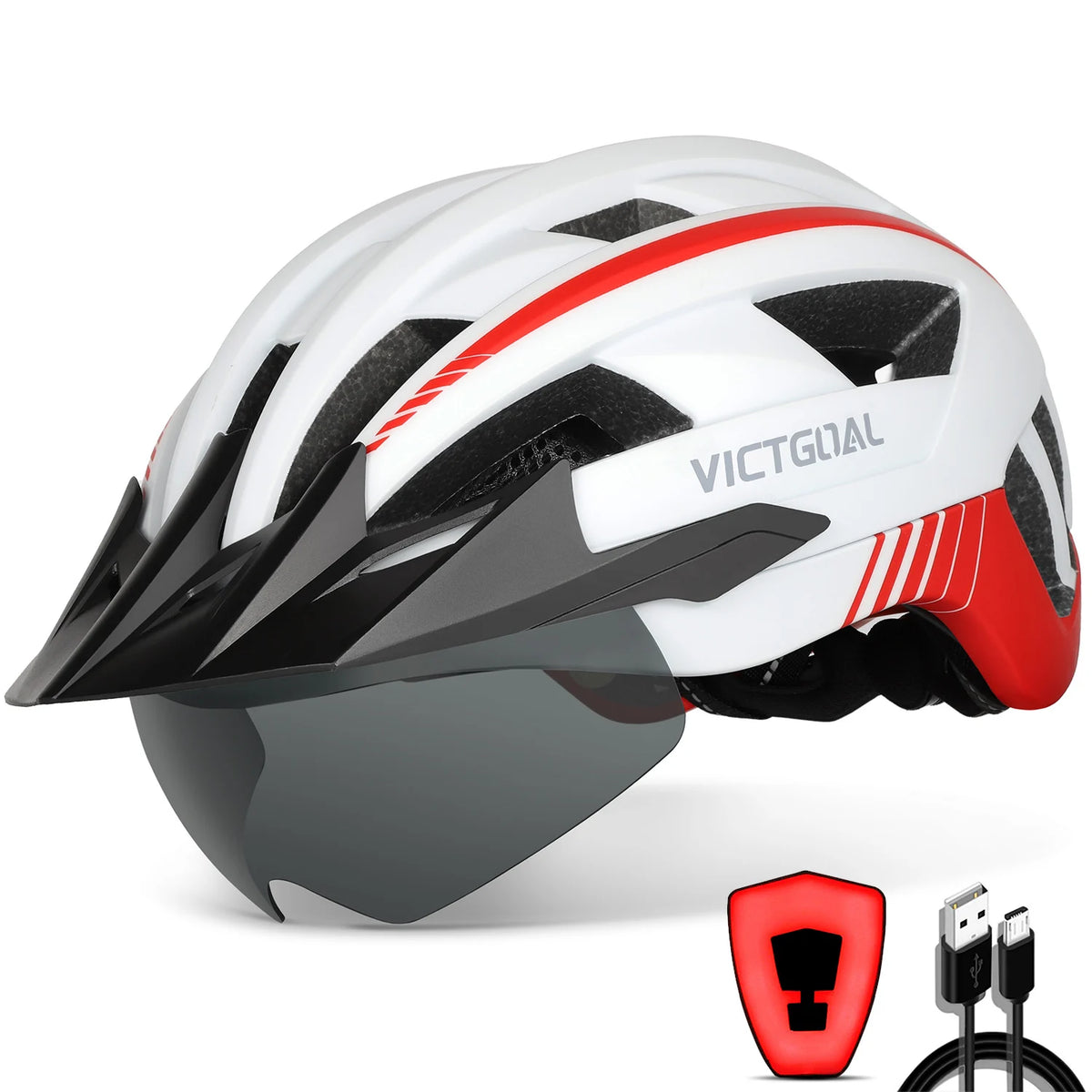 VICTGOAL Adults Mountain Bike Helmets with Goggles Visor Men Women USB Rear Light Bicycle Safety Caps Road Bike Electric Scooter Cycling Helmets