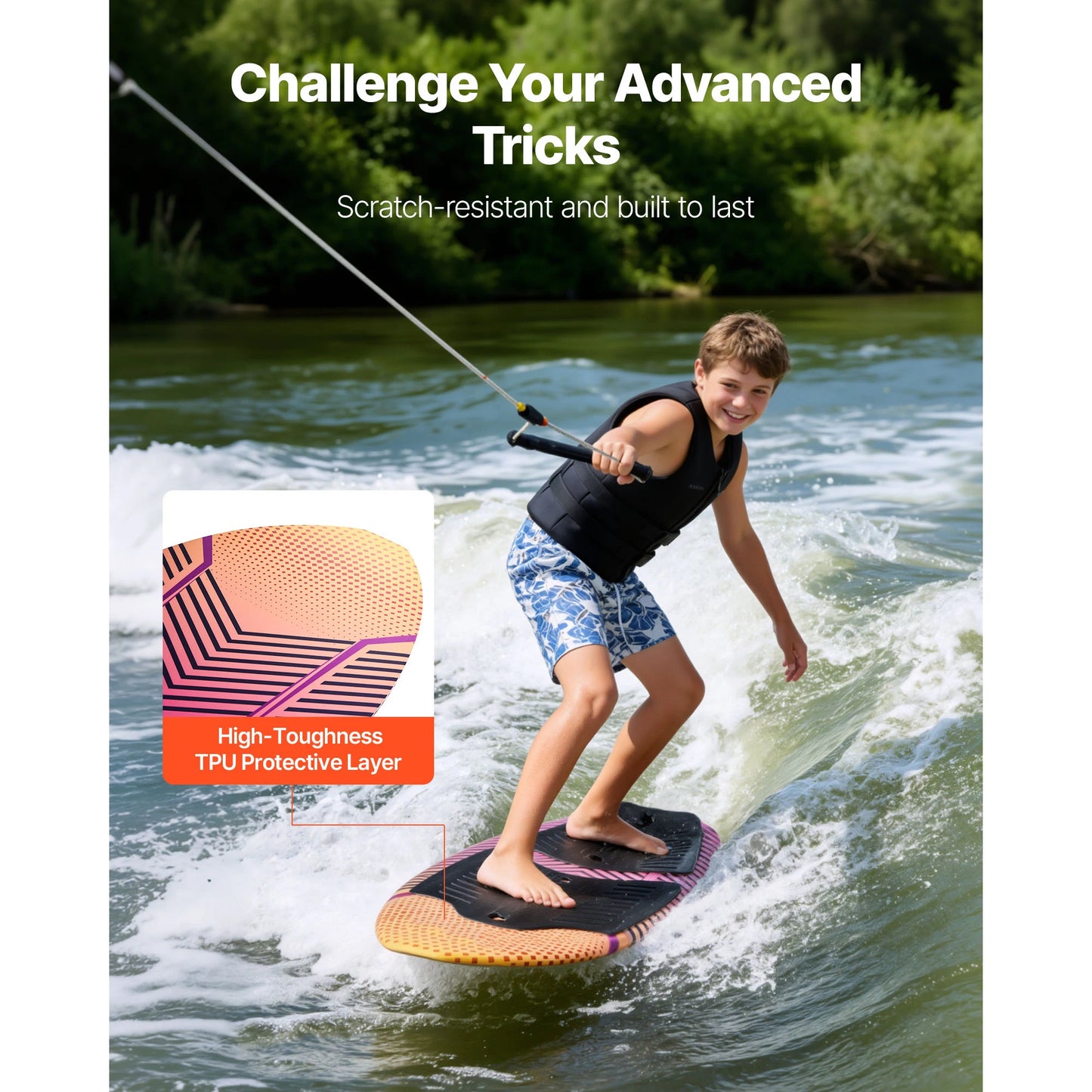 SucceBuy 45/63In Wakesurf Board Wake Surfing Board with EPS Foam Core & EVA Non-Slip Pad UV-Resistant for Youth Up to 110/250lbs
