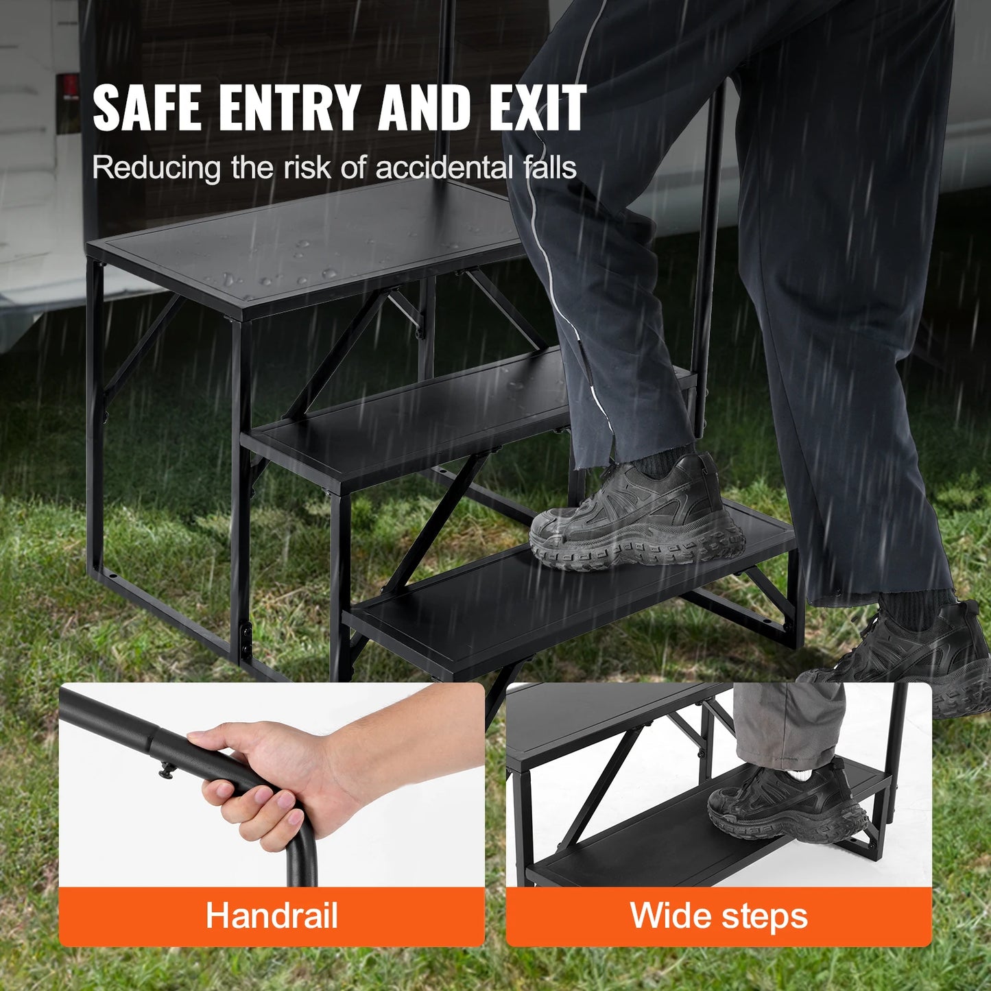 SucceBuy RV Steps 3-Step RV Stairs 440 LBS Load Capacity Thickened Carbon Steel With Handrail Non-Slip Steps for Safe Entry Exit