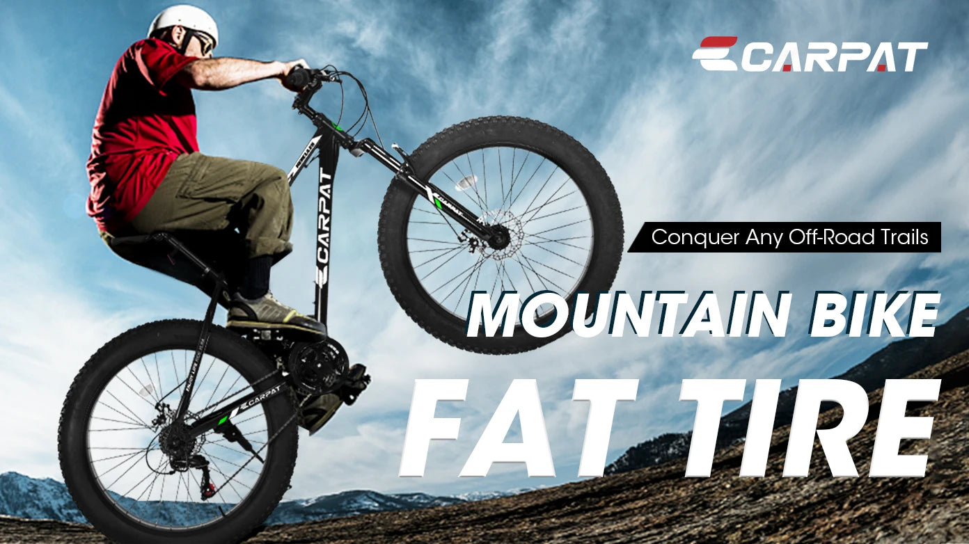 26 Inch Adult Fat Tire Mountain Bike, 21 Speed Gears, High Carbon Steel Frame, Front Suspension, Front Rear Dual Disc Brakes, All Terrain Bicycle for Mountain & City Commute