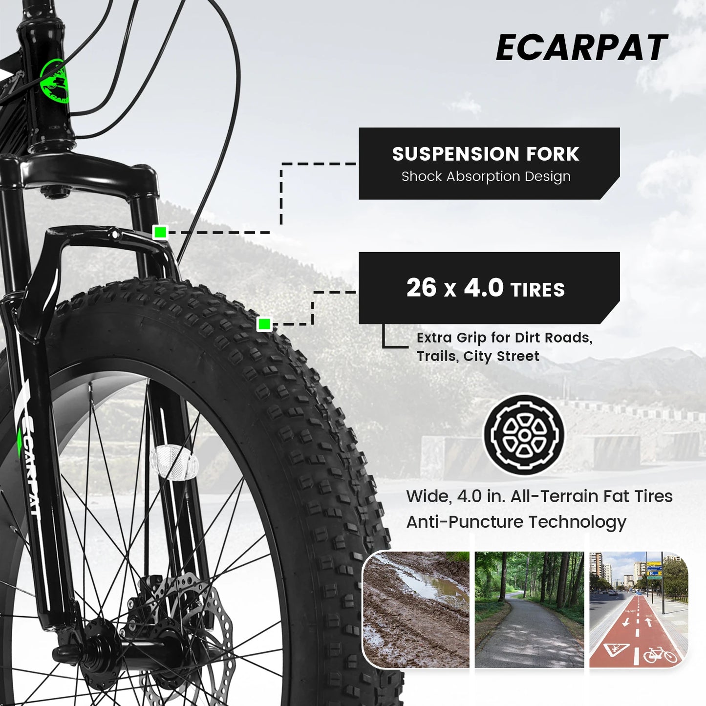 26 Inch Adult Fat Tire Mountain Bike, 21 Speed Gears, High Carbon Steel Frame, Front Suspension, Front Rear Dual Disc Brakes, All Terrain Bicycle for Mountain & City Commute