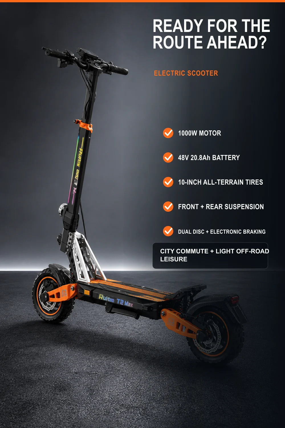 1000W Adult Electric Scooter, 48V 18.2Ah Battery, Up to 34 MPH, 34 Miles Range, 10" Tires, Foldable Commuter Scooter