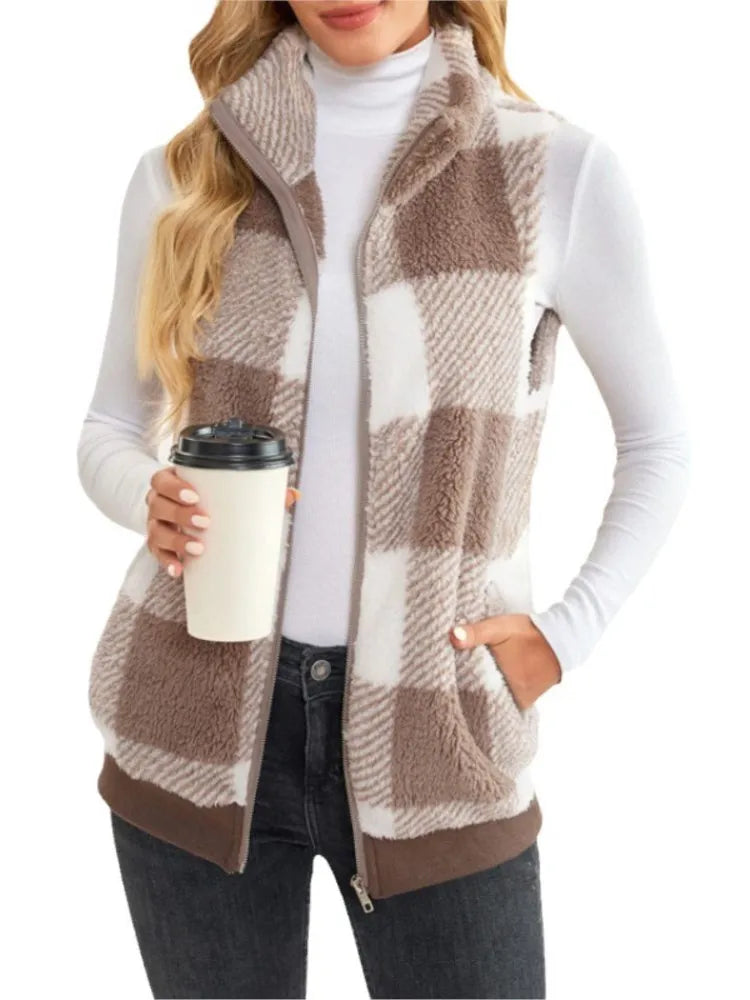 Autumn Winter Plaid Fleece Hoodie Vest Women's  Stand Collar Casual Pocket