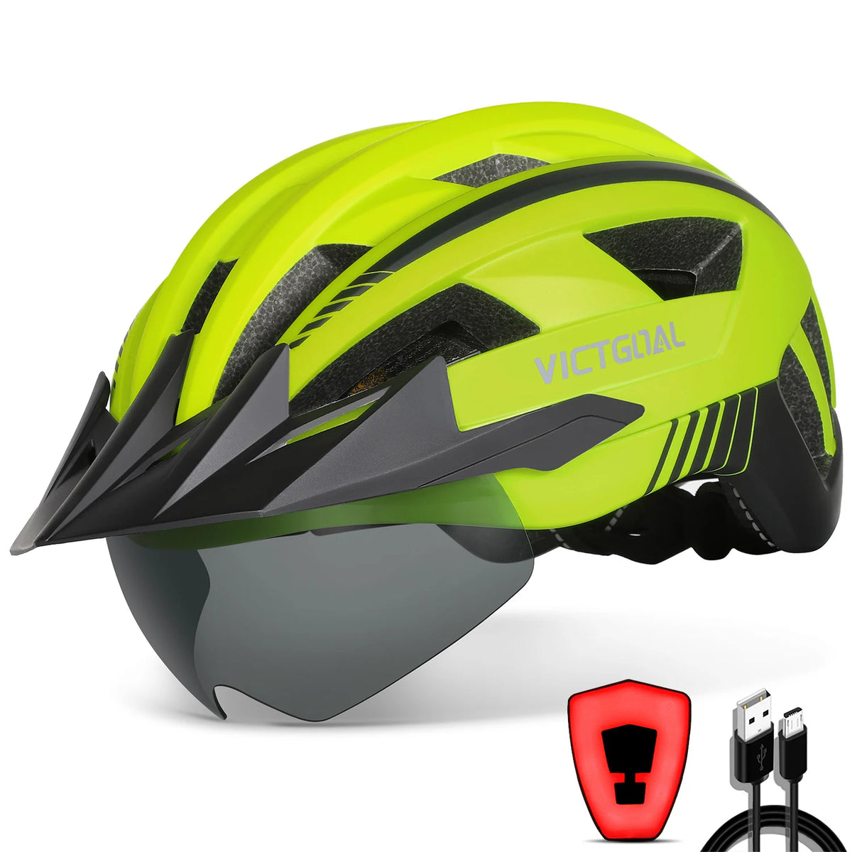 VICTGOAL Adults Mountain Bike Helmets with Goggles Visor Men Women USB Rear Light Bicycle Safety Caps Road Bike Electric Scooter Cycling Helmets