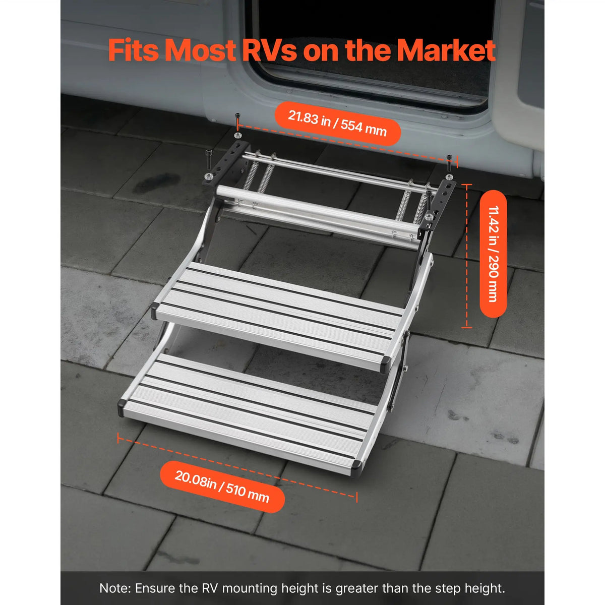 RV Steps, 2-Step, 440 lbs Load Capacity, Manual Retractable RV Stairs, Telescopic Folding Aluminum Alloy Camper Steps, Steel Frame Non-Slip Entry Stairs for Camper Van Motorhome Travel Trailer