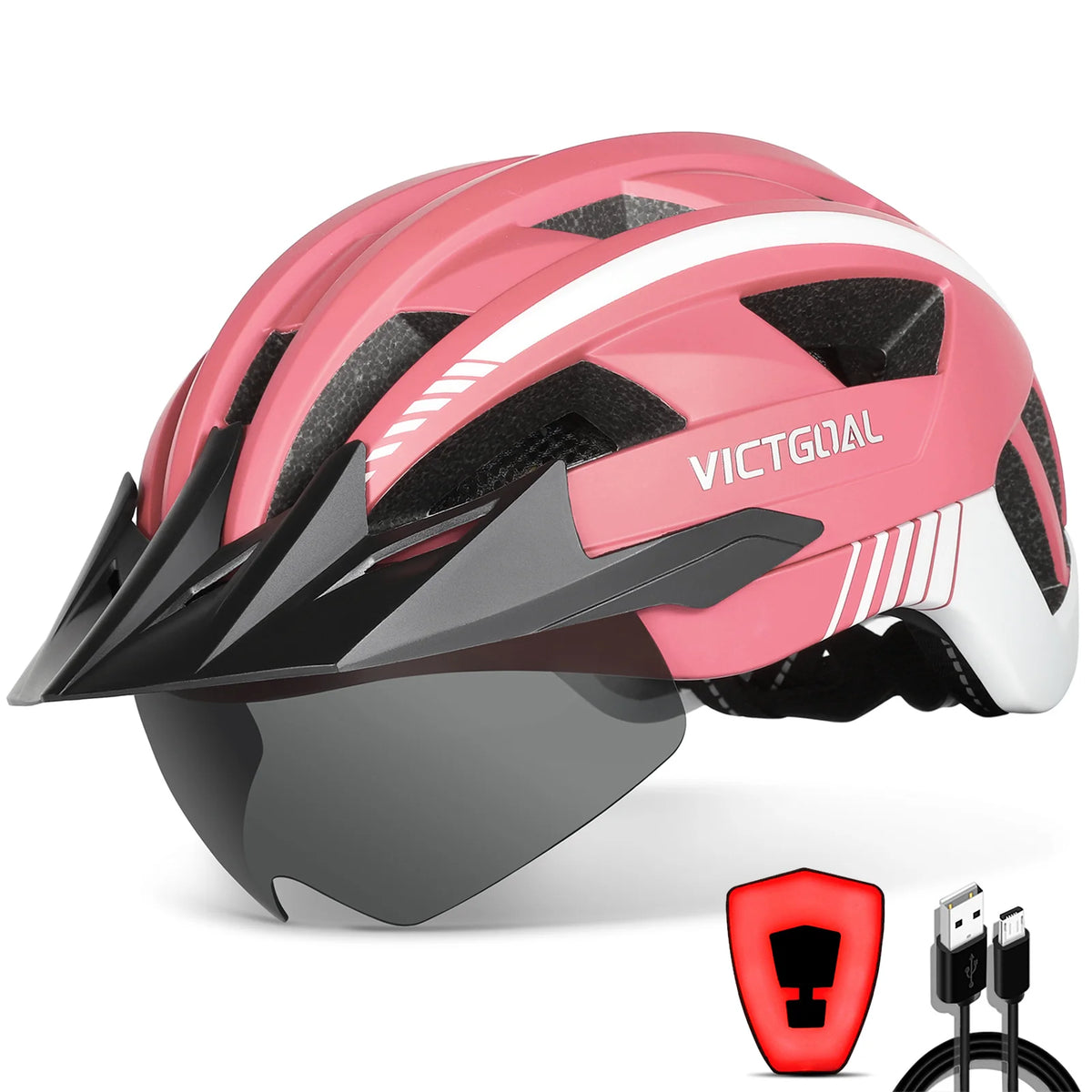 VICTGOAL Adults Mountain Bike Helmets with Goggles Visor Men Women USB Rear Light Bicycle Safety Caps Road Bike Electric Scooter Cycling Helmets