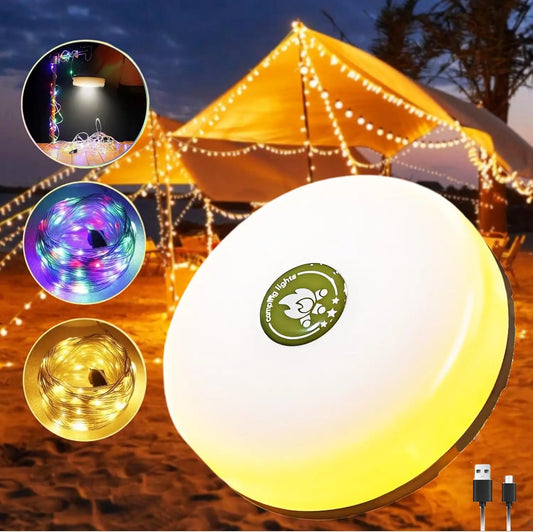 E2 Rechargeable 32.8FT Camping 10M String Lights 2 in 1 Quick Storage Tent Light with 5 Lighting Modes Hanging Portable LED Lamp