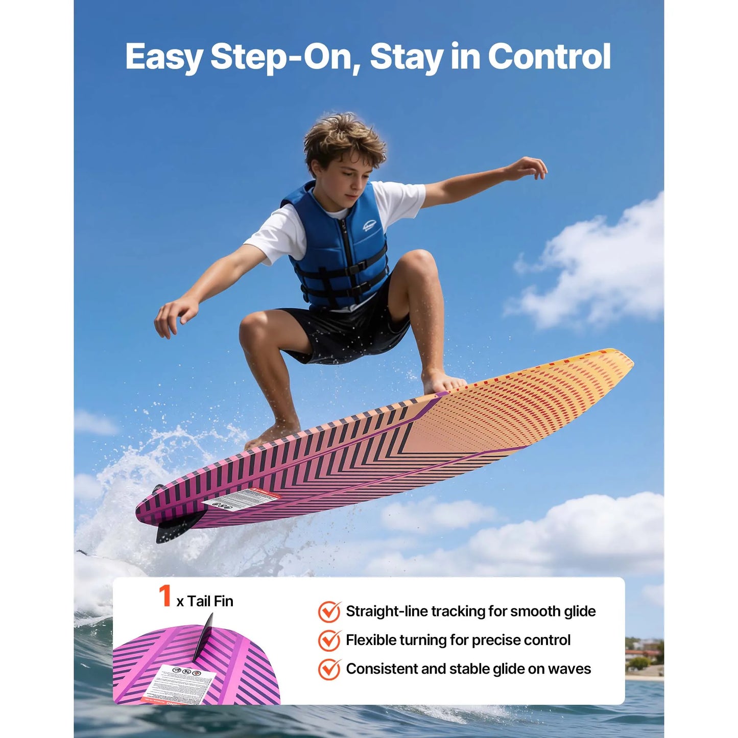 SucceBuy 45/63In Wakesurf Board Wake Surfing Board with EPS Foam Core & EVA Non-Slip Pad UV-Resistant for Youth Up to 110/250lbs