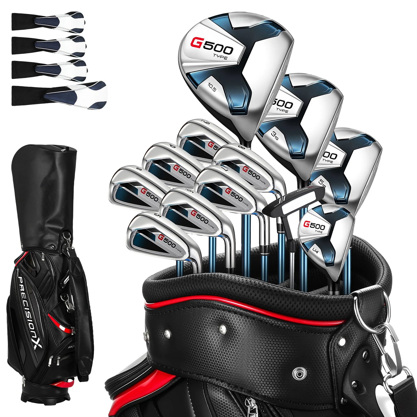 1 Set Men's Golf Club Set (3 Woods, 1 Hybrid Club, 6 Irons , 1 Pitching Wedge, 1 Putter), Including Golf Bag And 5 Club Covers, Specially Designed for Right-handed Golfers | Suitable for Beginners And Intermediate Players, Go