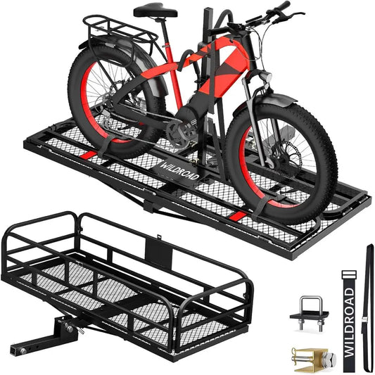 Hitch Cargo Carrier with Bike Rack 60" x 24" x 14" Folding Trailer Hitch Cargo Carrier 500 LBS Capacity for Standard, Fat Tire a