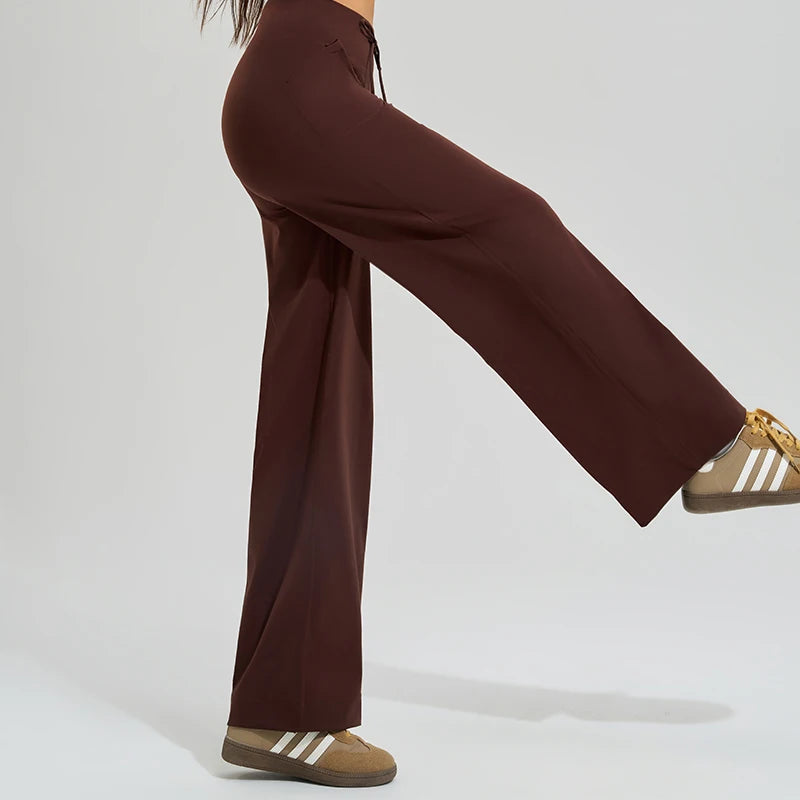 Women's High Waist Yoga Pants Gym Loose Running Pants Double Side Brushed with Pockets Pants Ties
