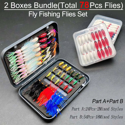 Fly Fishing Flies Lure Kit-2 Boxes Bundle(Total 78Pcs Flies) Bait Set Fishing for Trout Bass Flies Nymphs Dry/Wet Fly Fishing Bait