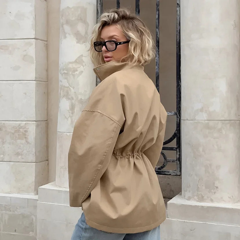 Autumn Barn style retro tooling trench coat women's medium and long drawstring waist lace slack simple casual coat