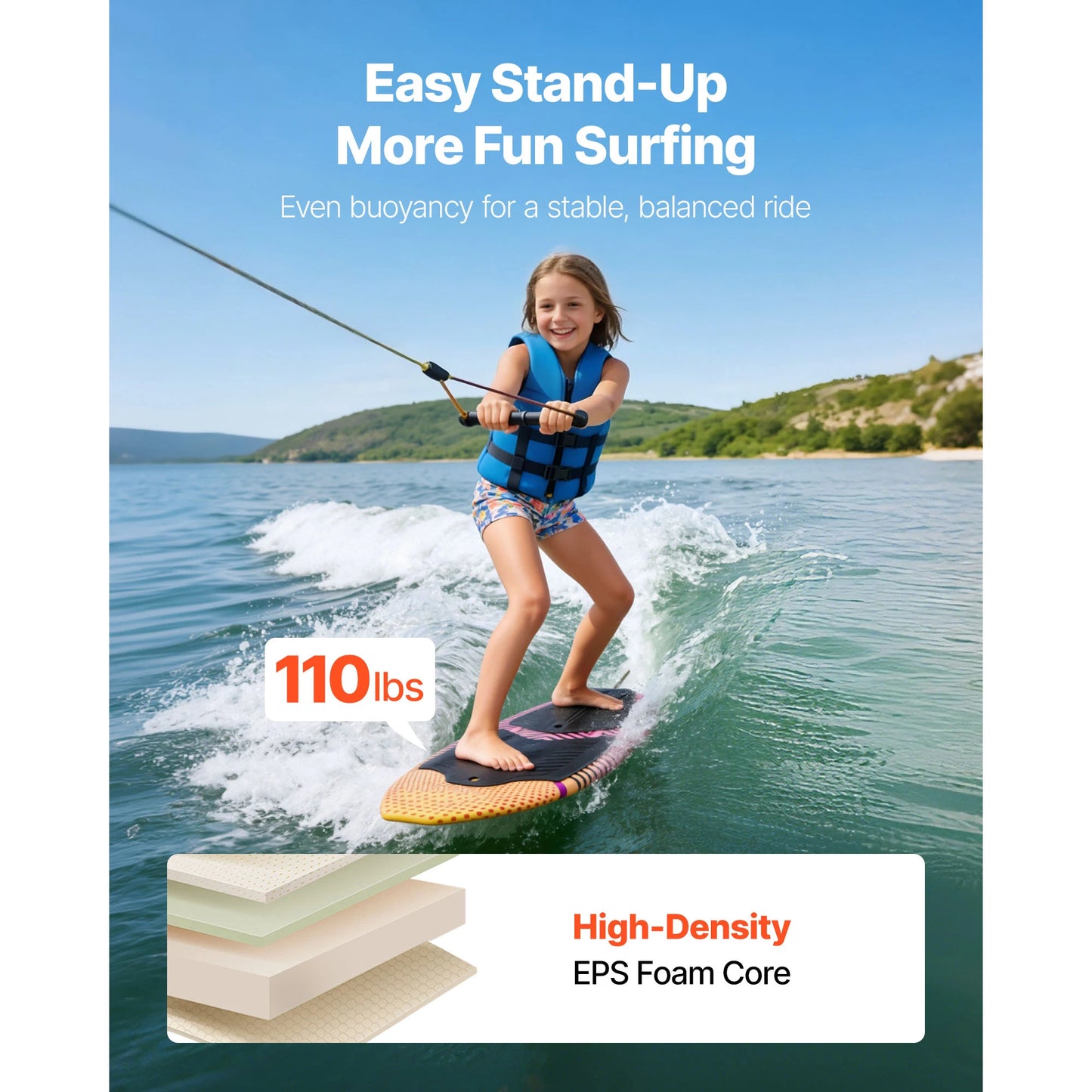 SucceBuy 45/63In Wakesurf Board Wake Surfing Board with EPS Foam Core & EVA Non-Slip Pad UV-Resistant for Youth Up to 110/250lbs