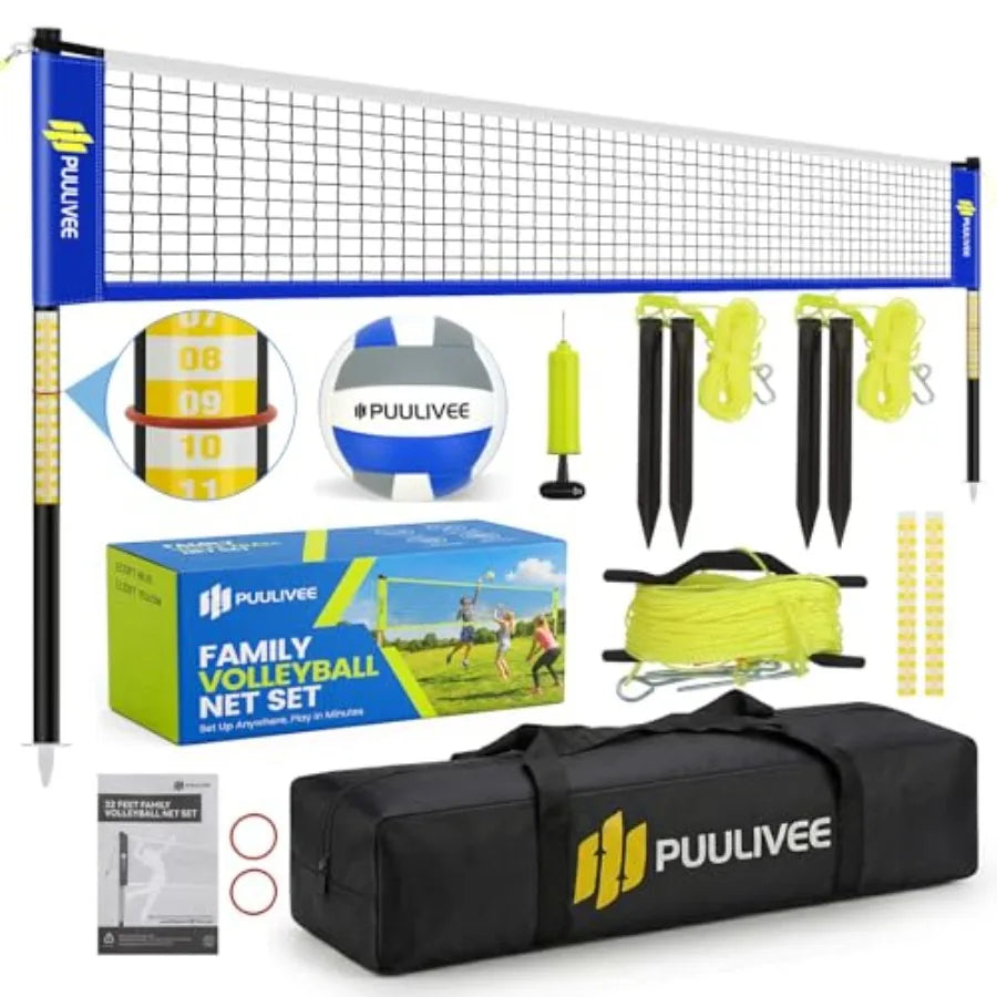 Outdoor volleyball net set for backyard, beach, grass: polyester net, black-gray, all-weather durability easy 4-pole height adj