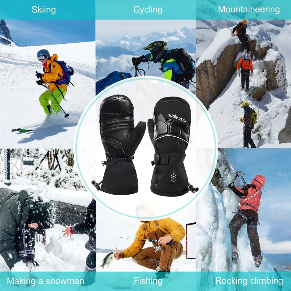 Moto Snowboard Rechargeable Electric Heated Skiing Gloves Leather Battery Winter Mittens For Women Men